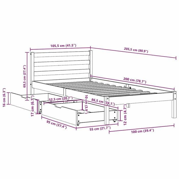 VidaXL Cadre de lit avec tiroirs blanc 100x200 cm bois massif de pin, sommier, cadre de lit simple, cadre de lit en bois 3301537