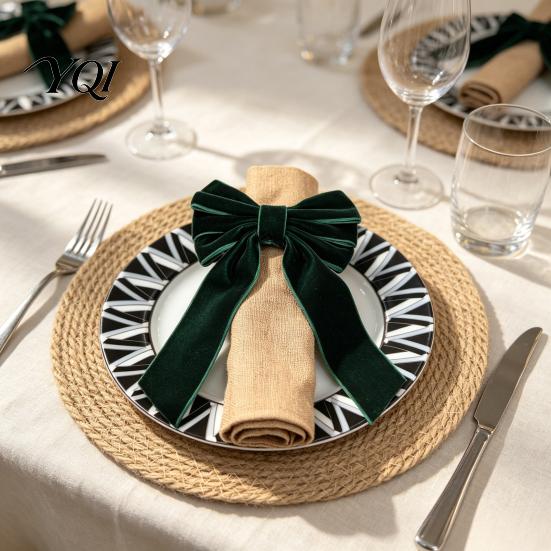 Soft Velvet Napkin Rings 6Pcs Bow Rings, Christmas Fabric Holders, Red Classic Table Ornaments Green for Dinner Holiday Party Decor