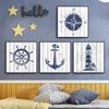 Nautical Nursery Wall Art Oil Painting Navy Canvas Painting Mediterranean Boy Room Home Decoration Anchor Compass Lighthouse