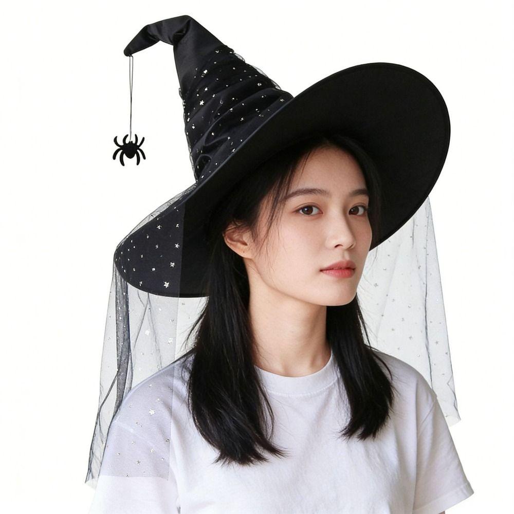 Spider Bat Pendant Wizard Cap Mesh Yarn Cover Cosplay Accessories Pointed Mage Hat Halloween Party