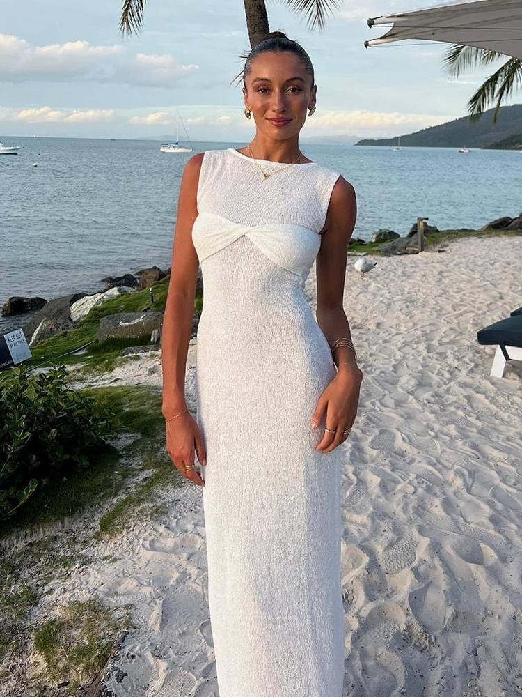 EDOLYNSA Sexy Elegant Solid Color Knit Sleeveless See Through Long Dress 2024 Women's Summer Seaside Beachwear Swimwear Cover Up A2857