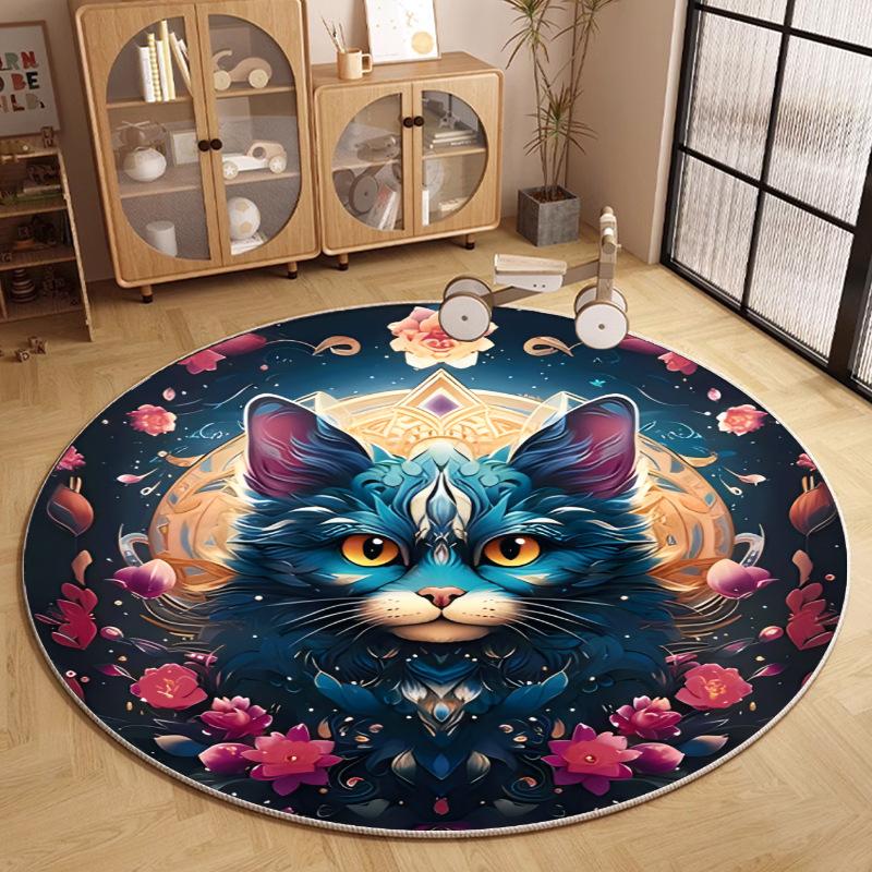 Cat Theme Round Carpet Fantasy Texture Starry Background Floor Mat Modern Creative Interior Home Decor Rug for Living Room