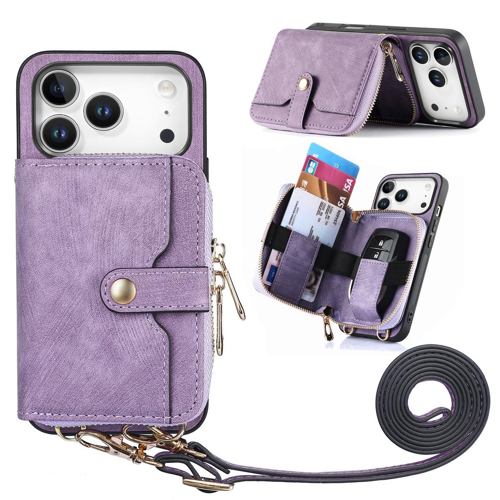For iPhone 17 Pro PU Leather Phone Back Cover with Zipper Card Holder and Long Strap