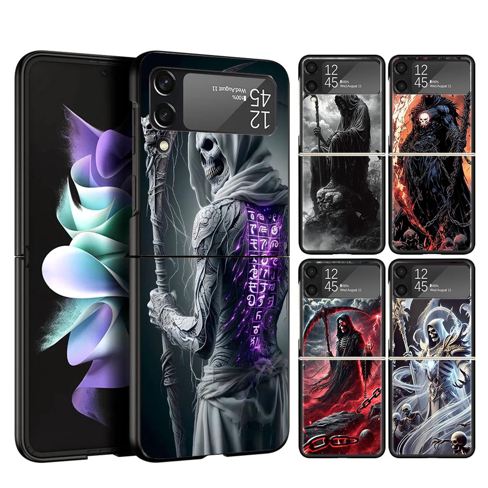 Death Grim Reaper Skull Scythe Cover Phone Case For Samsung Galaxy Z Flip 7 6 5 4 3 5G Flip7 Flip6 Flip5 Flip4 Flip3 Black Funda