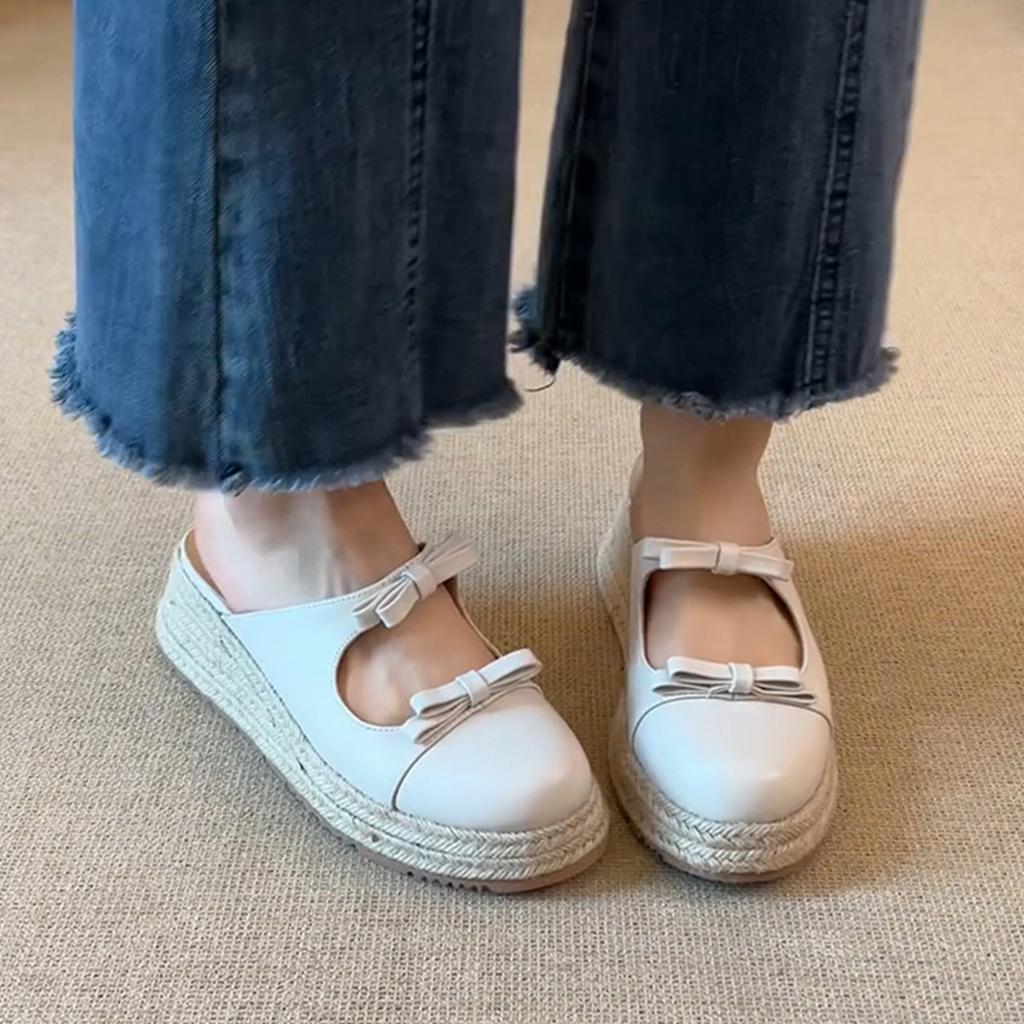 Ретро соломенные плетеные на толстой подошве увеличивающие рост туфли-рыбаки женские с круглым носком, неглубоким вырезом, перемычкой с бантом и закрытой пяткой