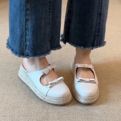 Ретро соломенные плетеные на толстой подошве увеличивающие рост туфли-рыбаки женские с круглым носком, неглубоким вырезом, перемычкой с бантом и закрытой пяткой