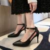 Металлические туфли-лодочки на шпильке Осень Новые Острый носок Мелкий вырез Один ремешок Противоскользящие Износостойкие Высокие каблуки
