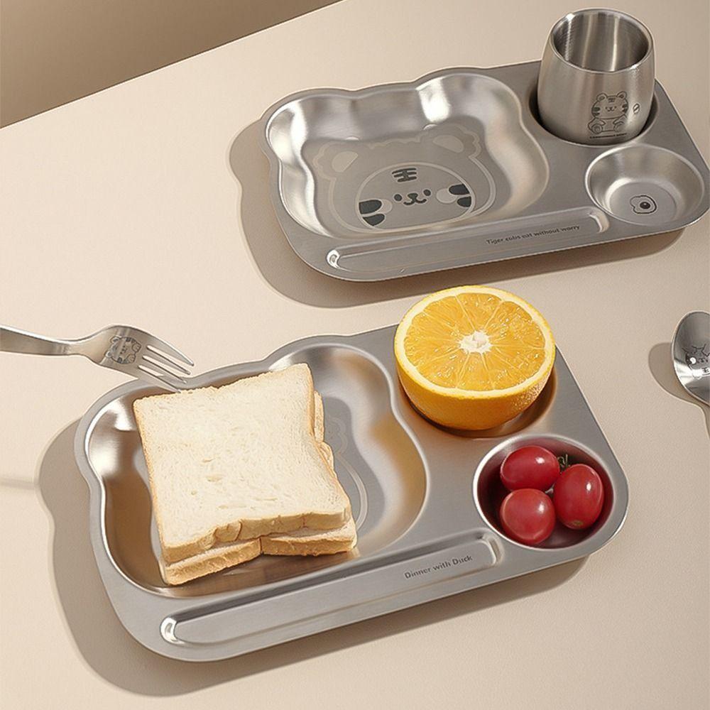 Multi Grids Children Divided Dinner Plate Square Shaped Stainless Steel Plate  Kindergarten School