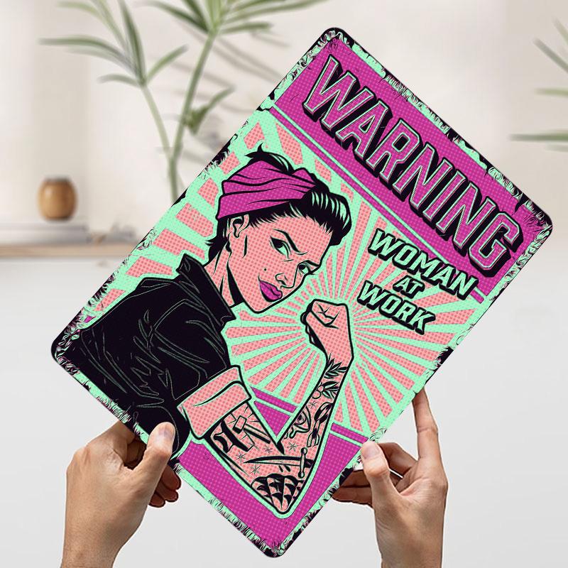 Woman At Work Warning Poster Customized Wall Art Vintage Metal Signs Retro Tin Plaque for Man Cave Bedroom Decoration Room Decor