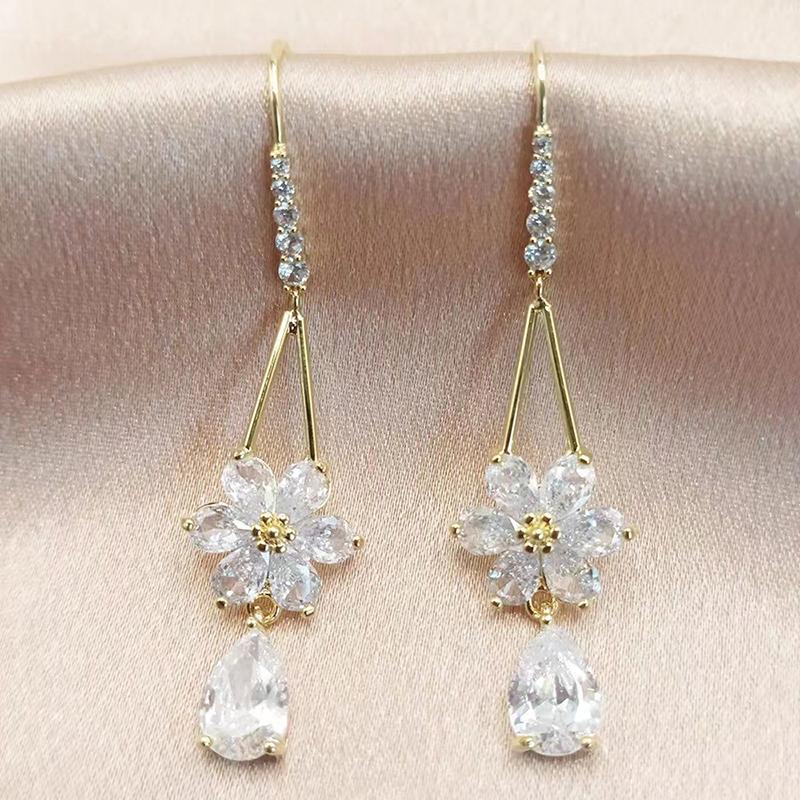 Элегантные серьги-подвески в форме цветка с белым цирконием и каплей золотого цвета для женщин, изысканные ювелирные изделия для девушек с милым темпераментом