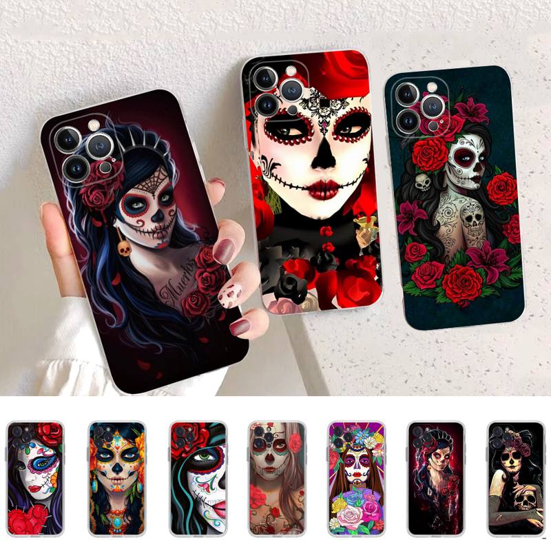 Catrina Beautiful Rose Girl Skull Phone Case For iPhone 14 13 12 11 Pro Max XS X XR SE 2020 6 7 8 Plus Mini Transparent Shell