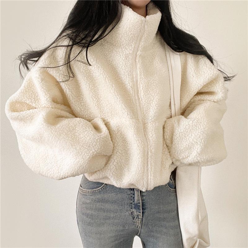 Fleece Hoodie Thickened Warm Women Zippe Sweatshirts No Hood Women'S Stand Collar Short Loose Plush Coats Winter Zipper Jackets