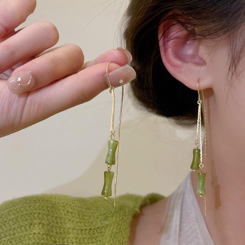 Длинная зеленая бамбуковая кисточка, линия для уха, серьги в классическом китайском стиле, темпераментные простые серьги с листьями и бамбуком
