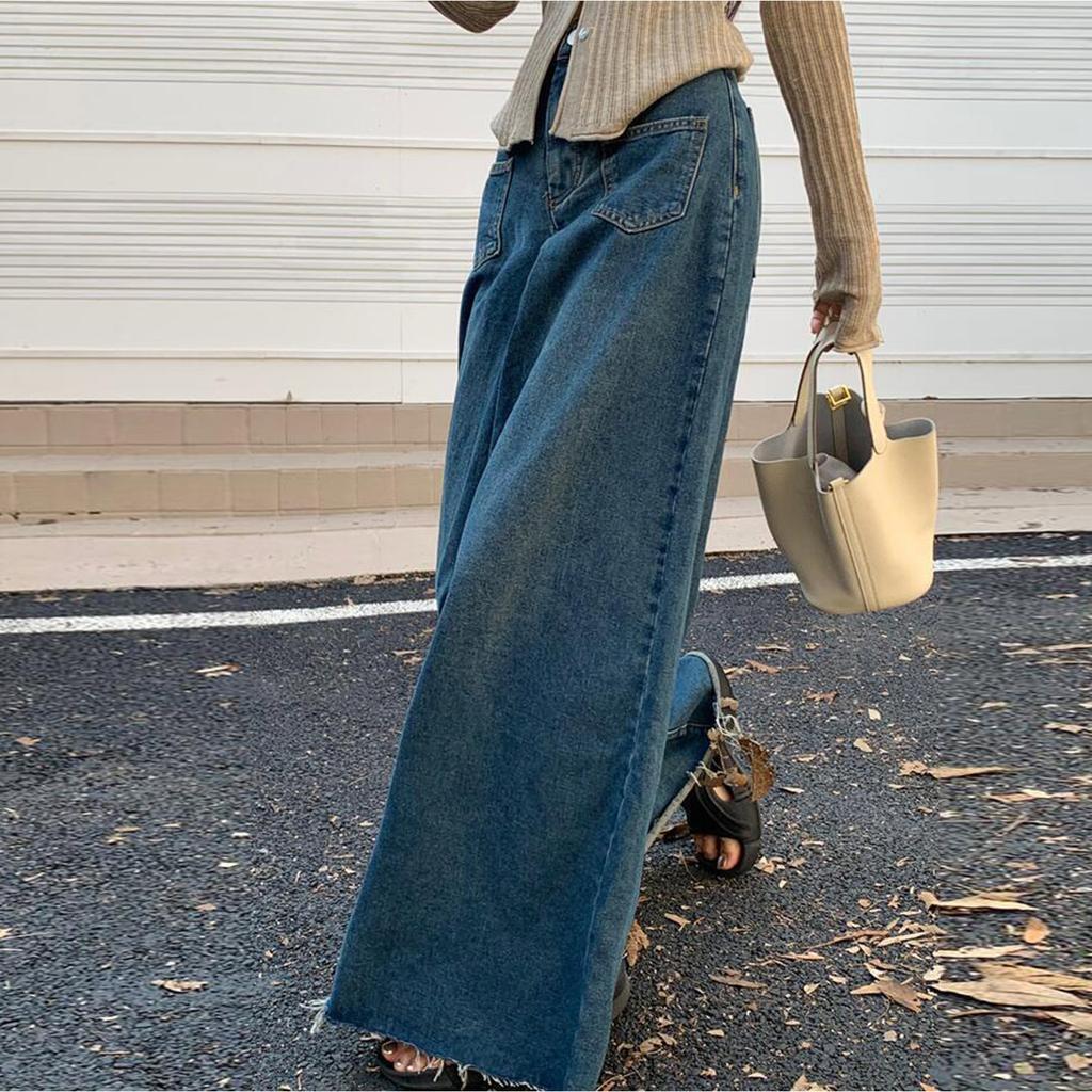 Loose Design, Retro High Waisted Jeans, Women's Slimming And Drooping Feeling, Wide Leg Mopping Pants