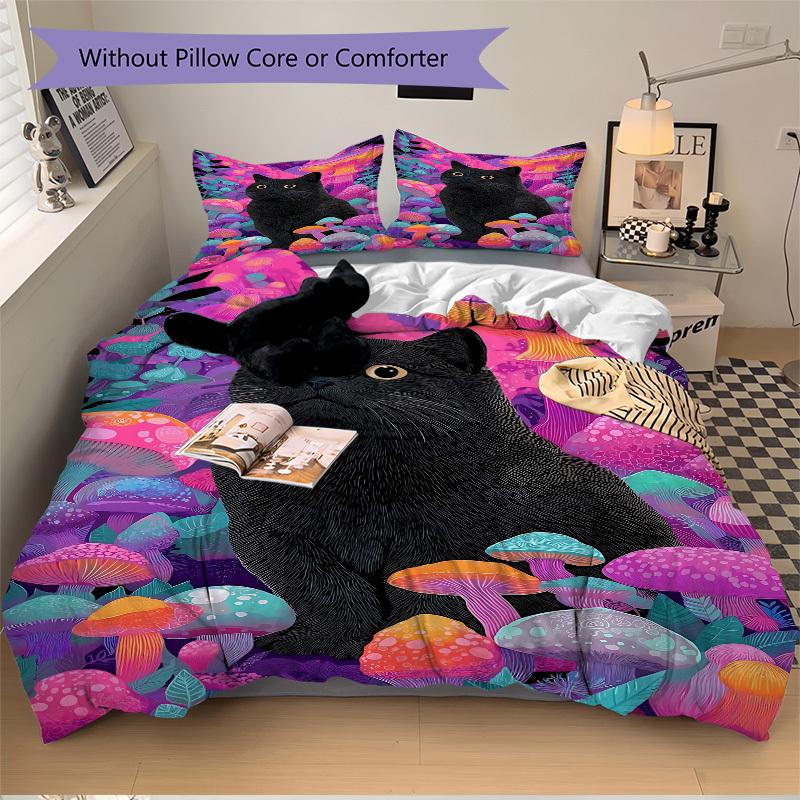 3pcs bedding set Mushroom Fantasy Cat Includes 1 Comforter + 2 Pillowcases, Without Pillow Inserts, Soft Comfortable, Lightweight Breathable027