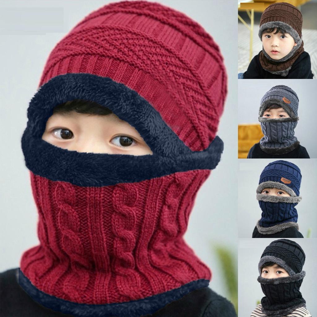 Вязаная шапка для детей плюс бархатный теплый нагрудник, толстая шерстяная шапка, холодная шапка