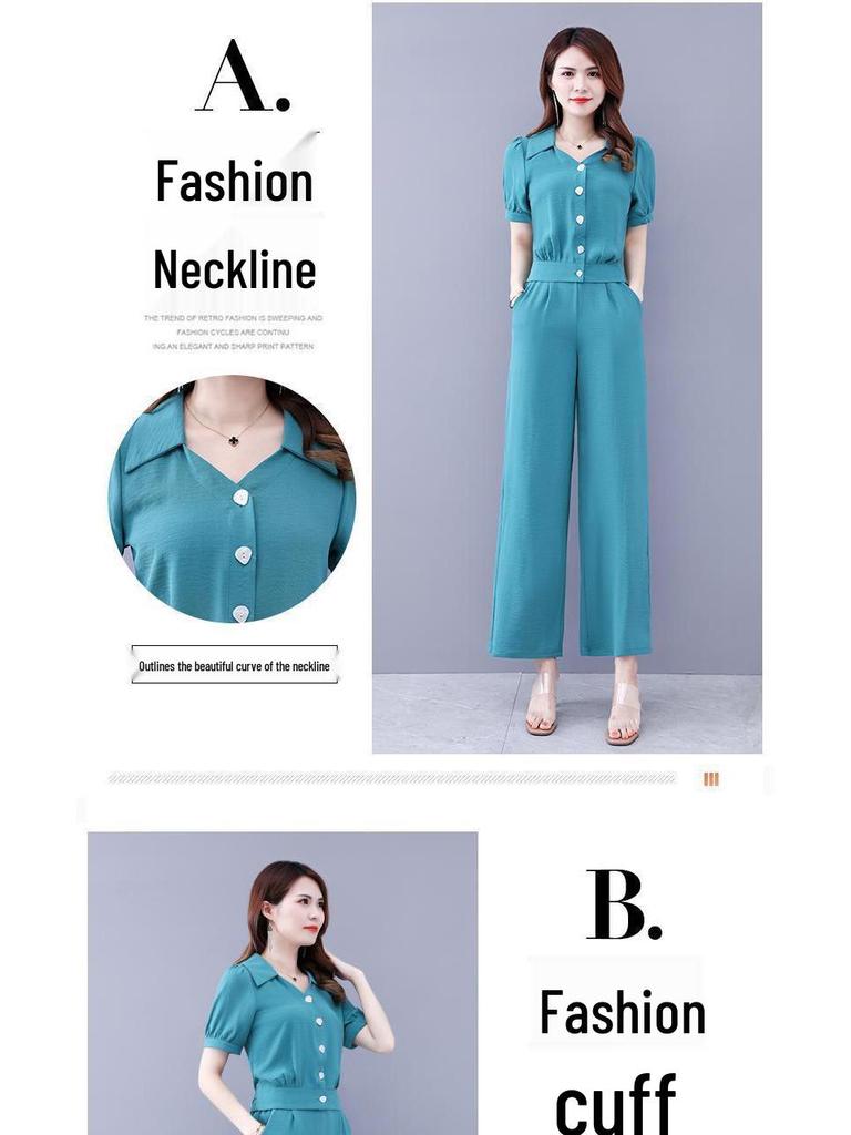 Модный женский летний шифоновый костюм-двойка 2025 - стильный омолаживающий комплект из рубашки и брюк для весны