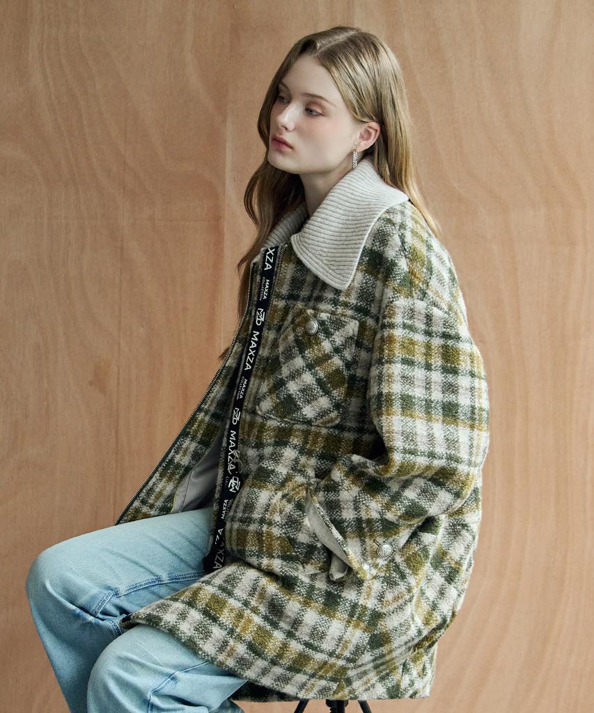 MAXZA Classic Check Knit Collar Wool Blend Half Coat (Khaki)