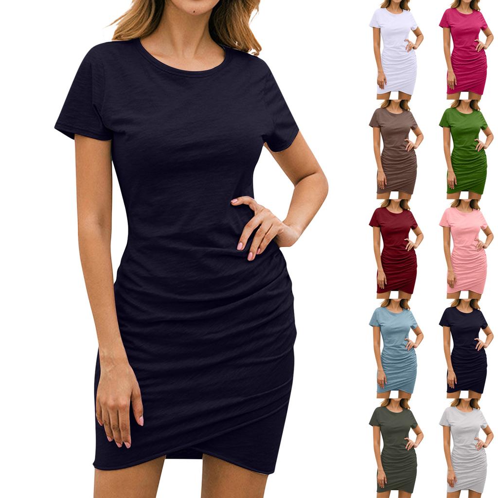Женское летнее платье-майка с коротким рукавом и круглым вырезом, облегающее короткое повседневное плиссированное облегающее платье для вечеринок и клуба