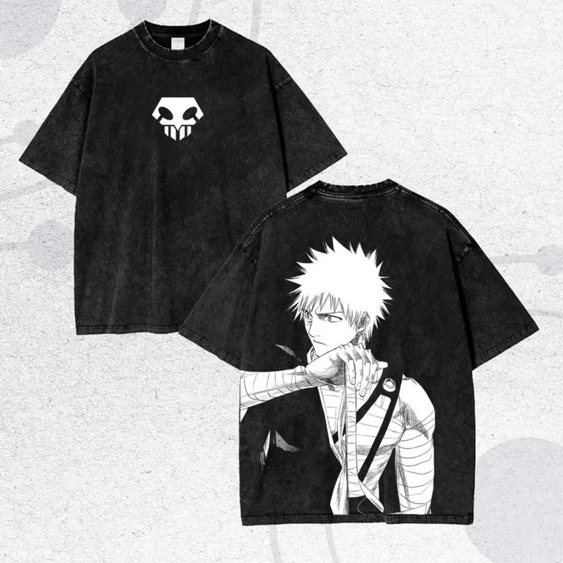 Горячая Аниме BLEACH Куросаки Ичиго Принт Футболка Мужская с коротким рукавом Одежда Хлопковая Футболка Ретро Стирка Футболка Харадзюку Манга Топы