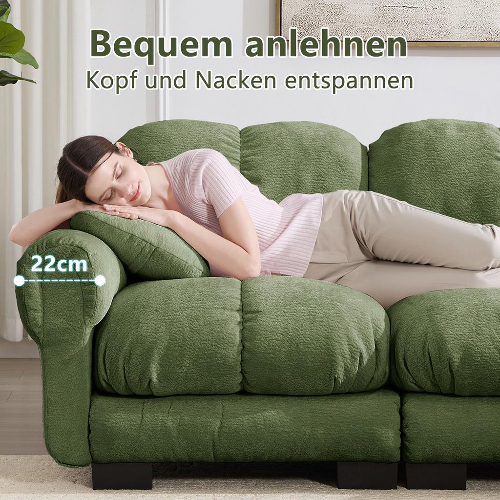 3-Seat U-Shaped Cloud Sofa, Including Mobile Ottoman and 2 Cushions, Fine Quilted Design, Thick Seat Cushions, Suitable for Living Room, Green