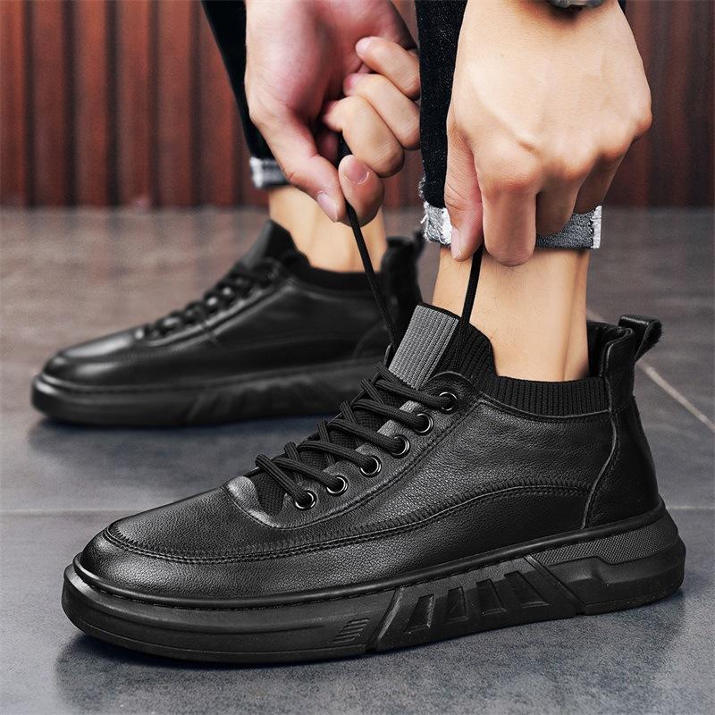 Осень и зима новая сырая скейтбордическая обувь студенческая спортивная и повседневная маленькая кожаная обувь черная высокая