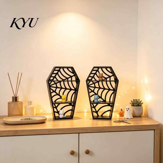 Holiday Themed Display Stand Coffin-Shaped Spider Web Shelf, 3D Printed Gothic Tiered Mini Figurine, Style Home Accents Halloween Black Hollow