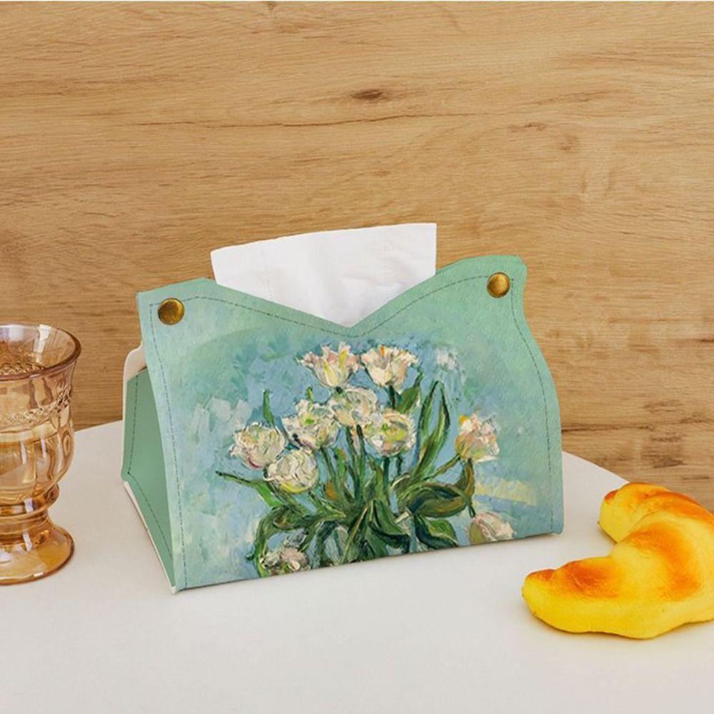 Oil Painting Tissue Case Leather Car Tissue Box Creative Napkin Holder  Home