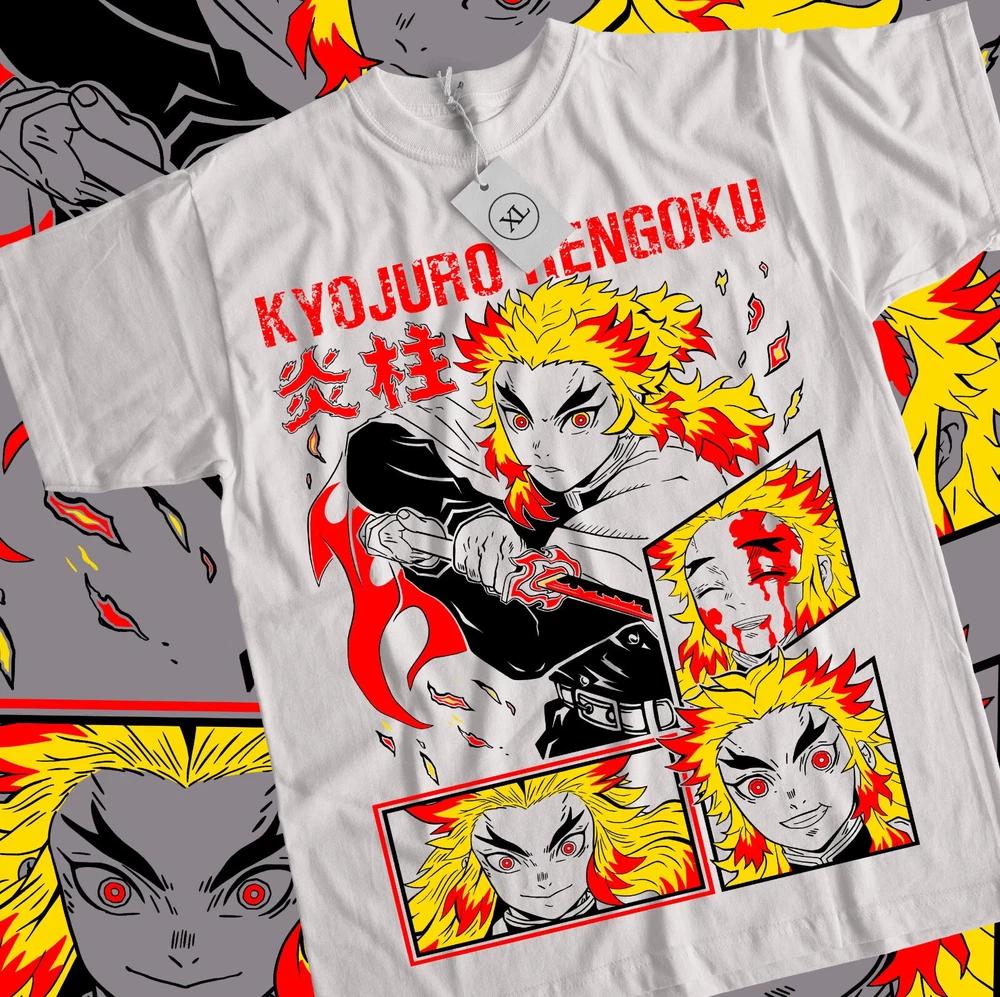Anime Demon Slayer Kyojuro Rengoku Flame Hashira White Tshirt Size S4xl