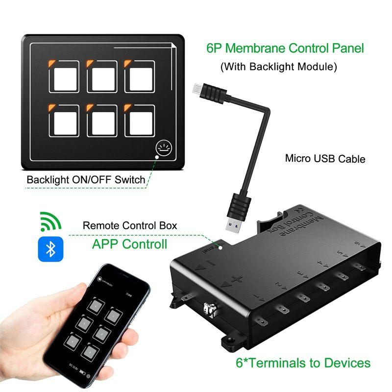 6P/10P Membrane Control Switch Panel with Bluetooth APP Control and IP67 Waterproof Backlight LED Module Panel for Car Boat RV