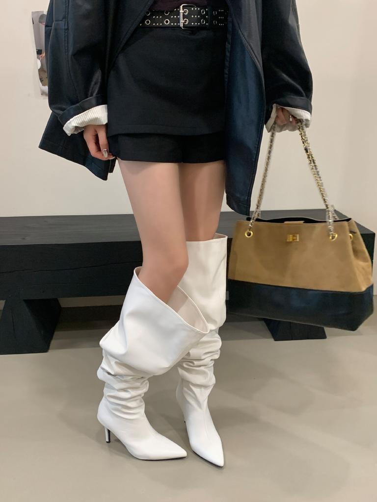 Spice Girl Big Tube High Heel Pile Boots Skinny European and American Black Boots Women But Knee Pointed Boots
