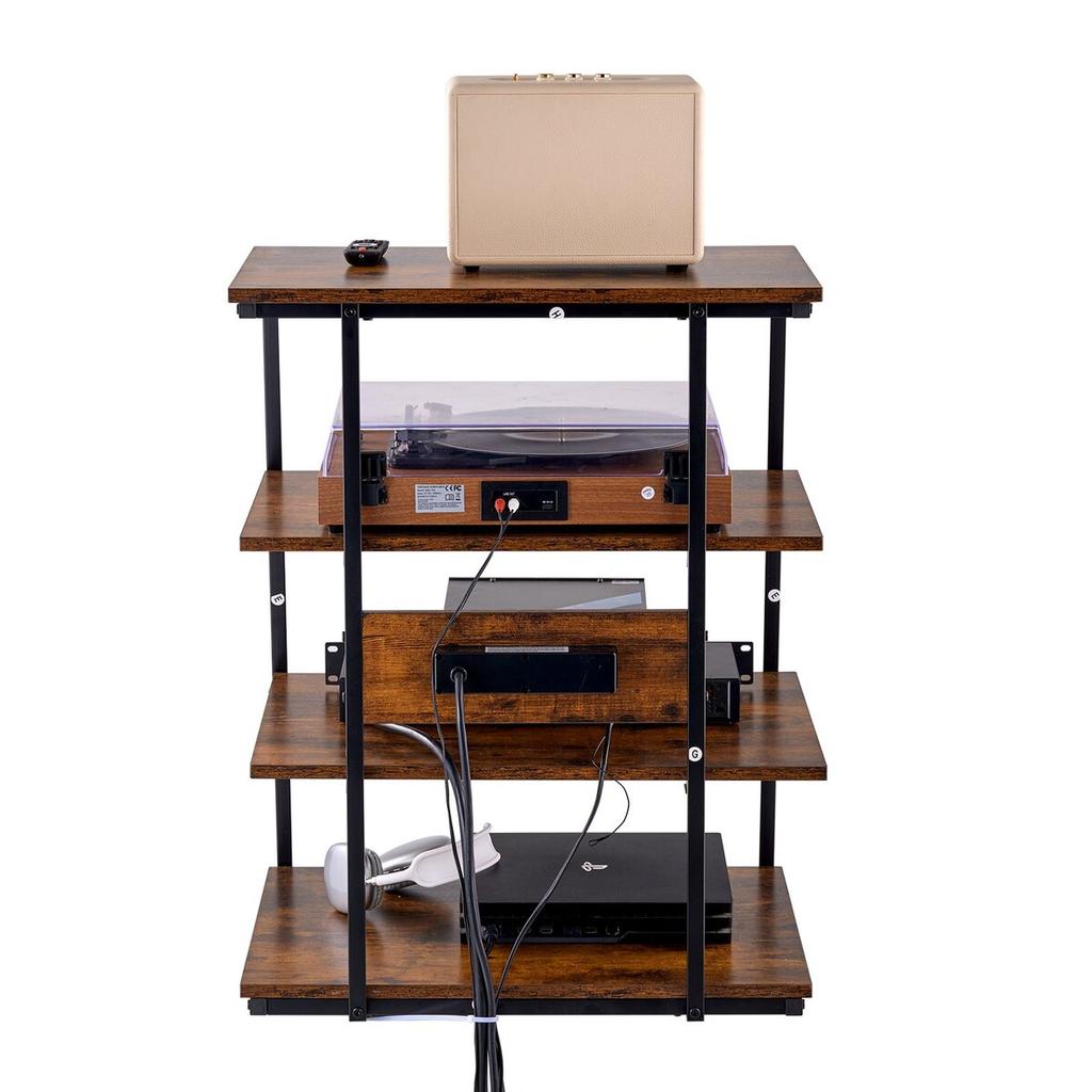 4-Tier AV Media Stand with Power Strips Wooden Corner TV Stand with LED