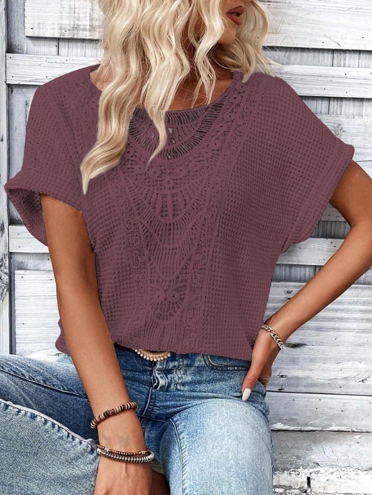Весна Лето Женская Мода Футболка Европейский Американский Модный Коллекция Короткий Рукав Кружевная Отделка