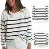 Women's Stripe Knitted Sweater Round Neck Shoulder Button Pullover Sweater