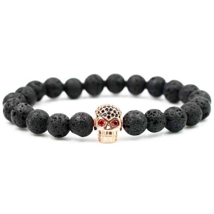 Geometric Lava Rock Beaded Bracelet With Micro Set Zircon Skull Design For Men Women Gift