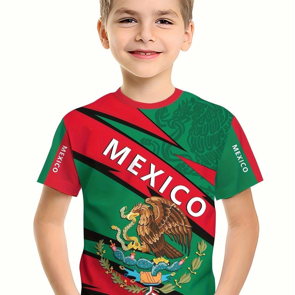Детская одежда для мальчиков, летняя мода, 3D-графический принт с флагом Мексики, футболка с коротким рукавом, яркие цвета, идеально подходит для повседневной носки