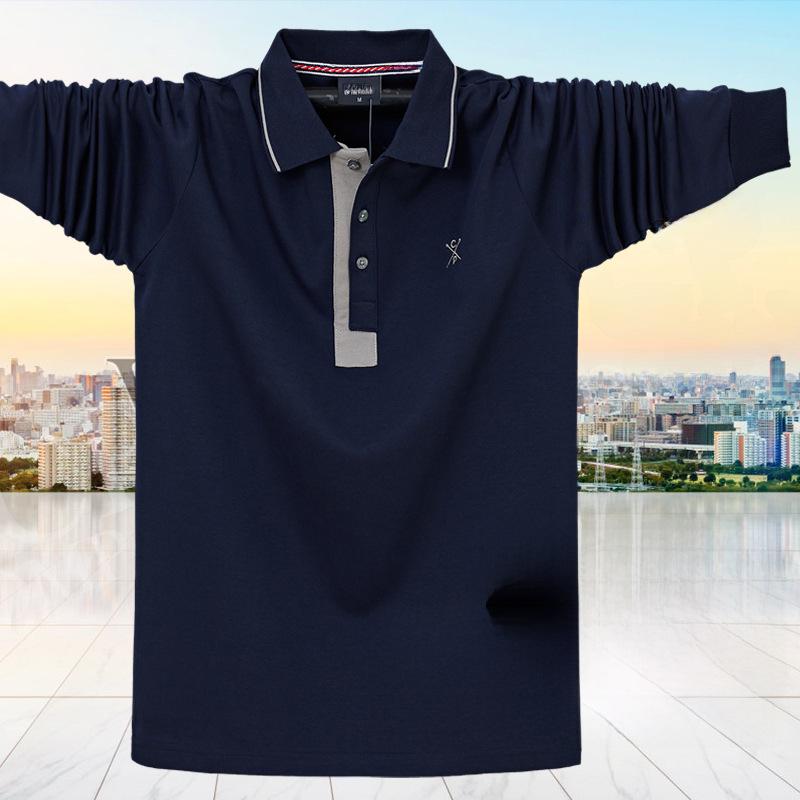 2024 Мужская футболка-поло большого размера с длинным рукавом - деловой офисный тренд, большой хлопковый топ с лацканами для крупных и высоких