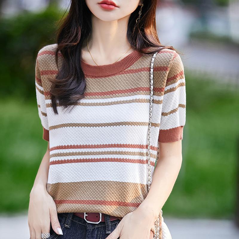 Summer New Women's Cotton Striped Crew Neck Knitted Sweater Fashion Versatile Short Sleeve Pullover T-Shirt Top