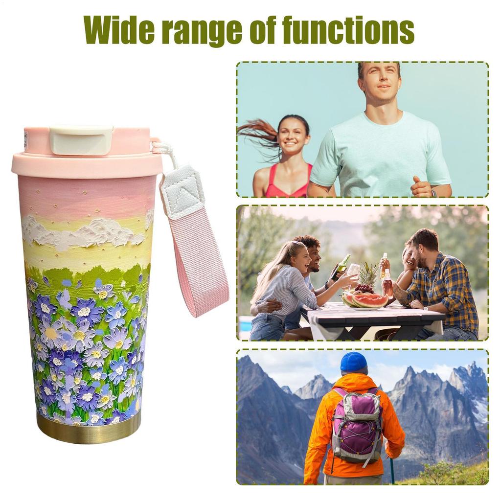 Thermal Mug 500ml Insulated Travel Mug Flower Pattern Double Drink Modes Water Bottle With Lanyard And Lid Leak-Proof Cup For