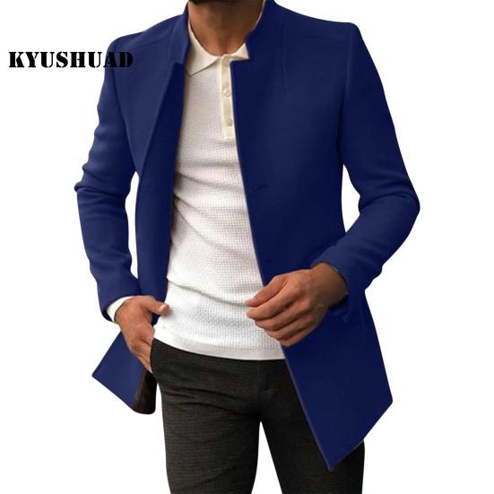 Men Suit Coat, Solid Color, Slim Fit, Single Breasted, Thicken, Trench Coat, Autumn Winter, Windproof, Woolen Jacket