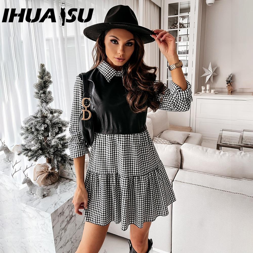 IHUASU Модное женское кожаное платье в клетку мини-платье в стиле пэчворк с юбкой для вечеринки и повседневного использования, весеннее платье с оборками