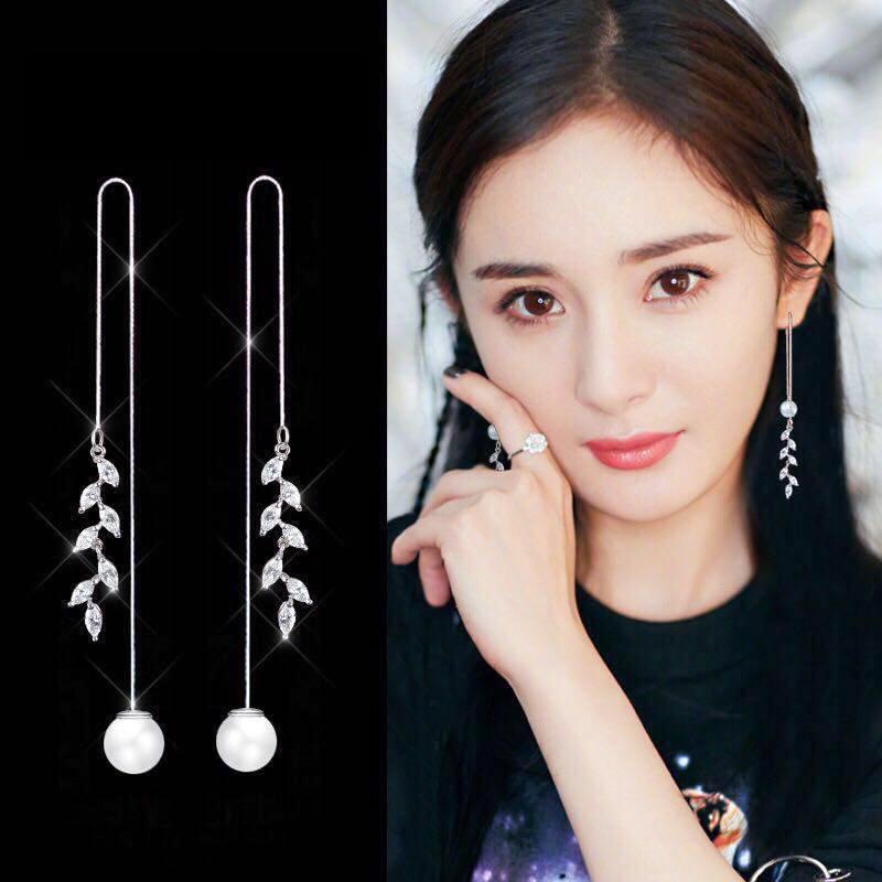 Корейские длинные серьги-игл S925 Silver Star & Moon Leaf Clover для женщин