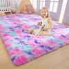 Rainbow Fluffy Carpet Tie-dye Plush Rug Gradient Silk Wool Bedside Rug Non-Slip Mat Soft Plush Area Carpet Room Decoration