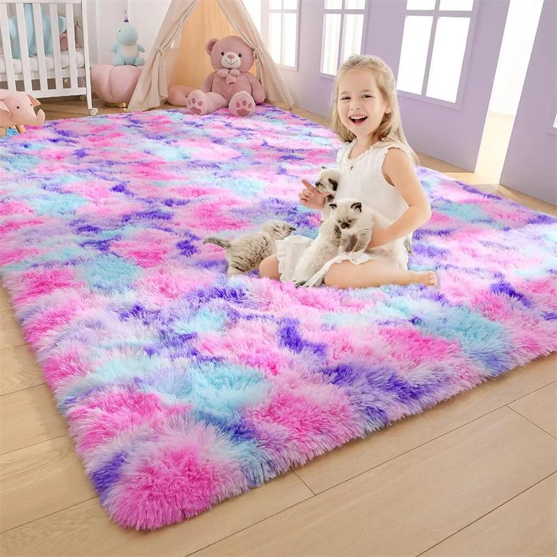 Rainbow Fluffy Carpet Tie-dye Plush Rug Gradient Silk Wool Bedside Rug Non-Slip Mat Soft Plush Area Carpet Room Decoration