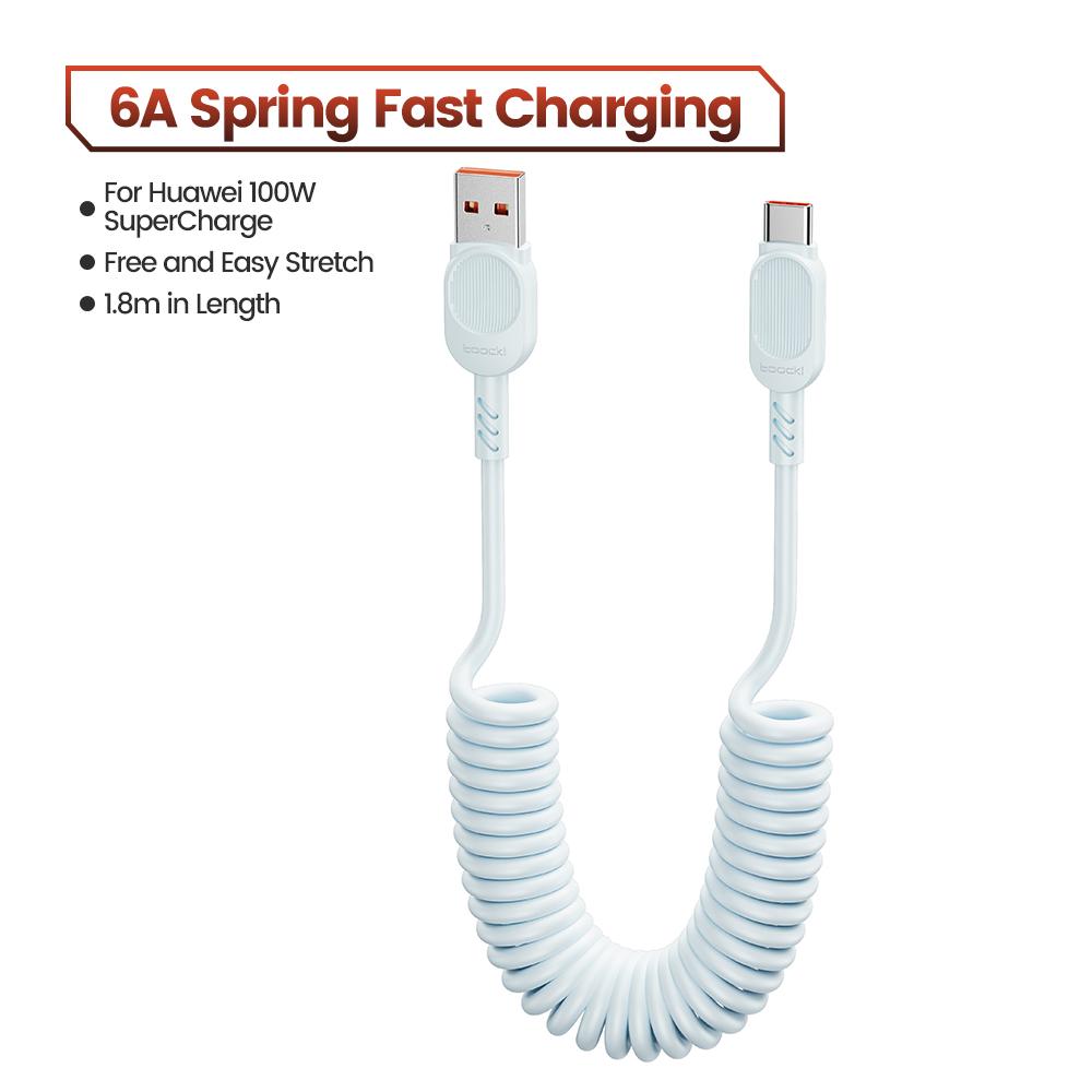 Toocki 6A TPU Spring USB C Cable for Huawei Xiaomi PD Fast Charging Retractable USB to Type C Cable for iPhone 15 USB Data Cord
