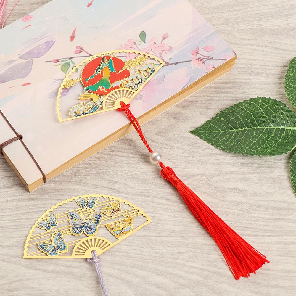 Supplies Retro Tassel Crane Flower Book Clip Brass Bookmark Folding Fan Shape Pagination Mark