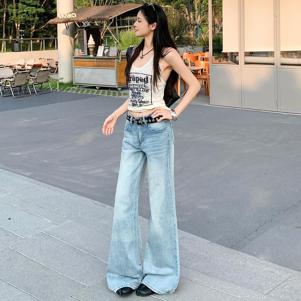 American retro daily versatile washing water old low waist loose and thin jeans without sticking to the legs