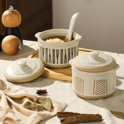 Керамическая кастрюля для тушения над водой, бытовая, с подносом и ложкой, ретро, простая кастрюля для еды, суп, керамическая посуда