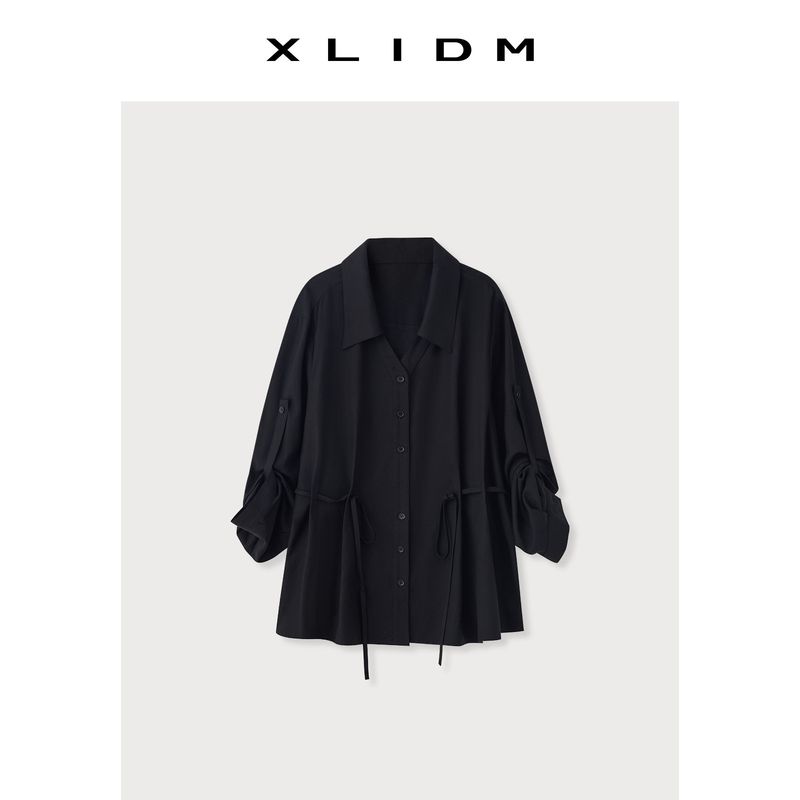 Xiao Li Plus Size Women's Clothing Heavy Weight Upgrade! Stone Washed Bamboo Joint Tencel Linen Adjustable Cinched Drawstring X-Shaped Shirt