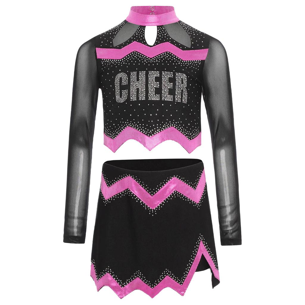 Girls Cheerleader Uniform Long Sleeve Crop Top Hollow Out Design Rhinestone Details Matching Dance Skirt Outfit